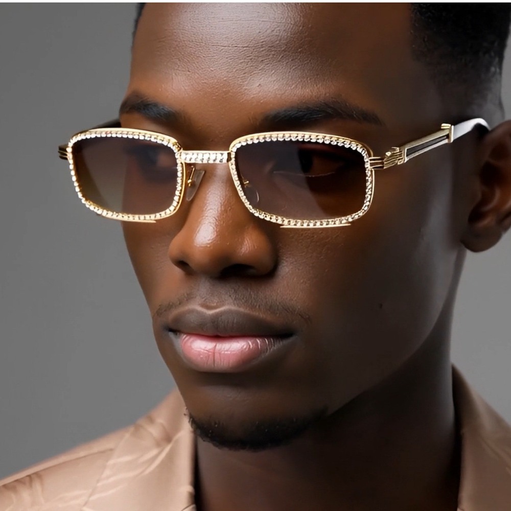 Men Sunglasses Diamond Gold Frame Brown Lens Rectangular Fashion Buffs Woody New